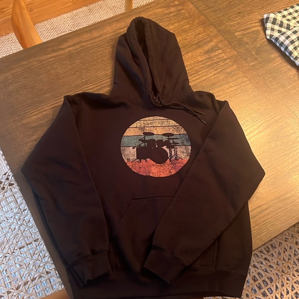 Drum Hoodie in Black. Drum Set. Boys Large